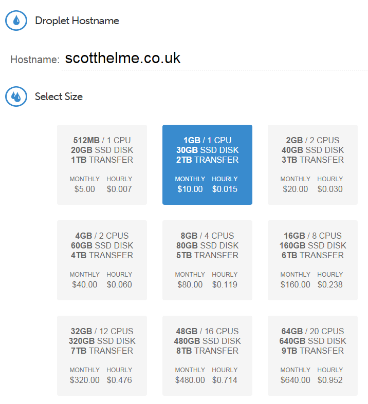 Droplet hostname and size