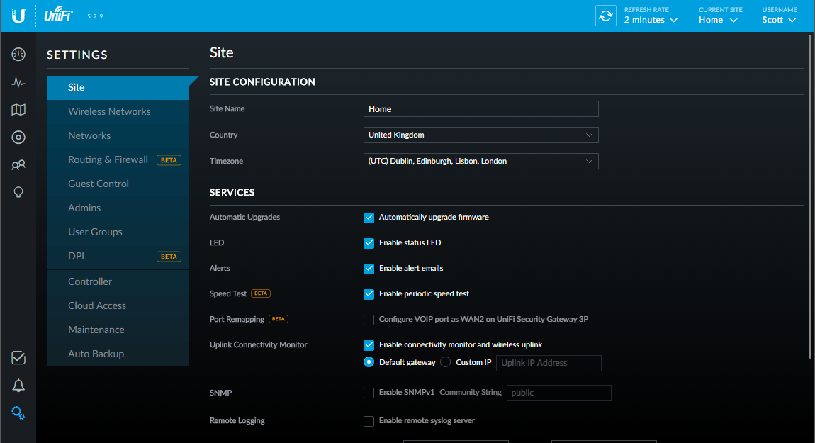 settings page